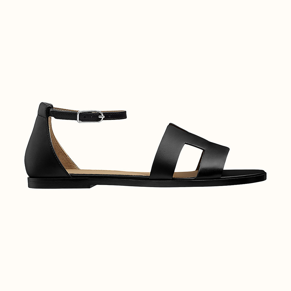 Side view of Hermes Women Santorini Sandal in Calfskin Leather-Black