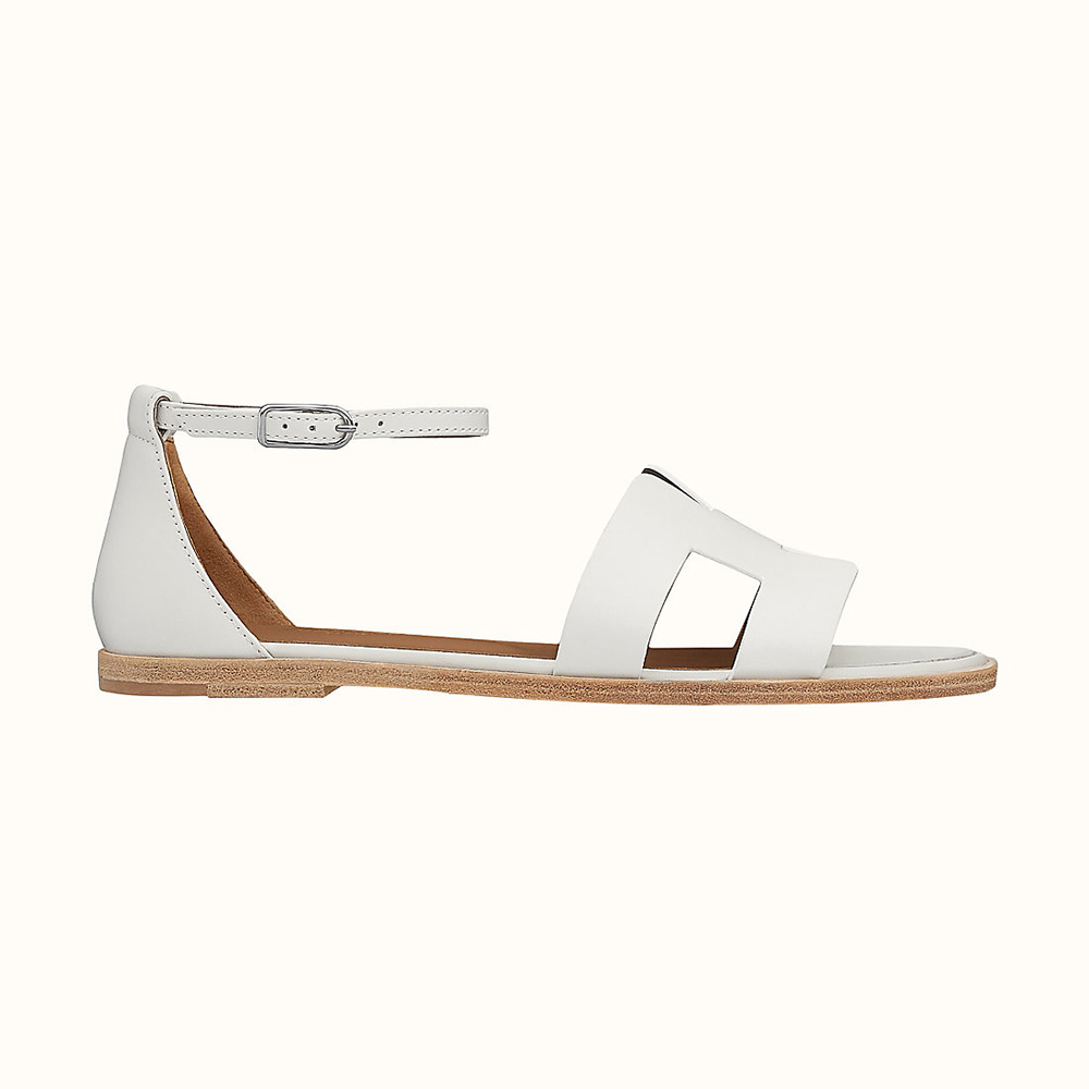 Side view of Hermes Women Santorini Sandal in white calfskin leather