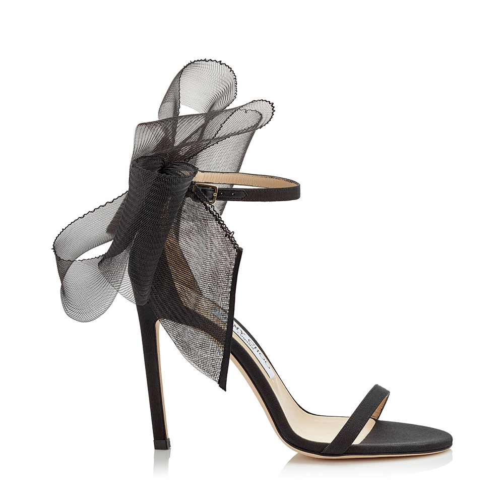 Front angle of Jimmy Choo Women Aveline 100 Black Sandals with bows