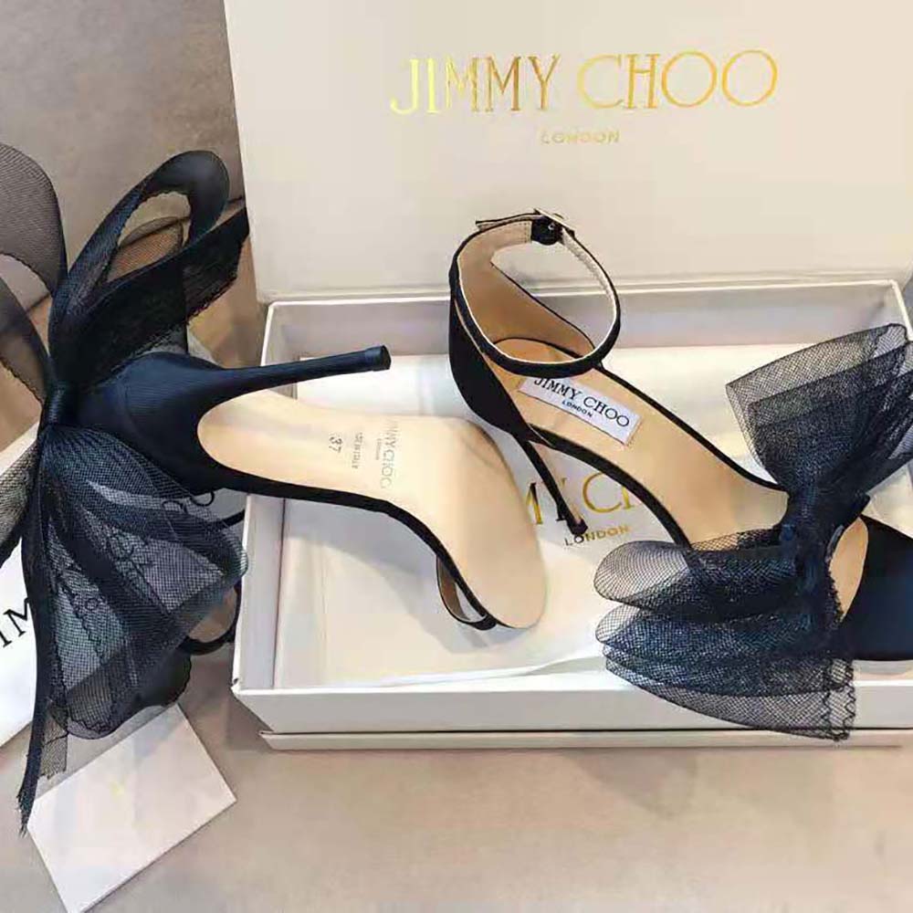 Jimmy Choo Women Aveline 100 Black Sandals with Asymmetric Grosgrain Mesh Fascinator Bows - image 6