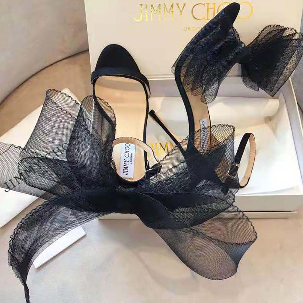 Jimmy Choo Women Aveline 100 Black Sandals with Asymmetric Grosgrain Mesh Fascinator Bows - image 5