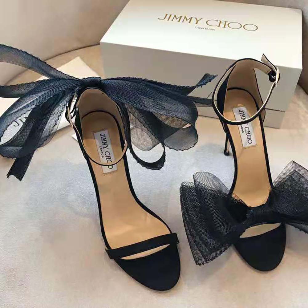 Jimmy Choo Women Aveline 100 Black Sandals with Asymmetric Grosgrain Mesh Fascinator Bows - image 4