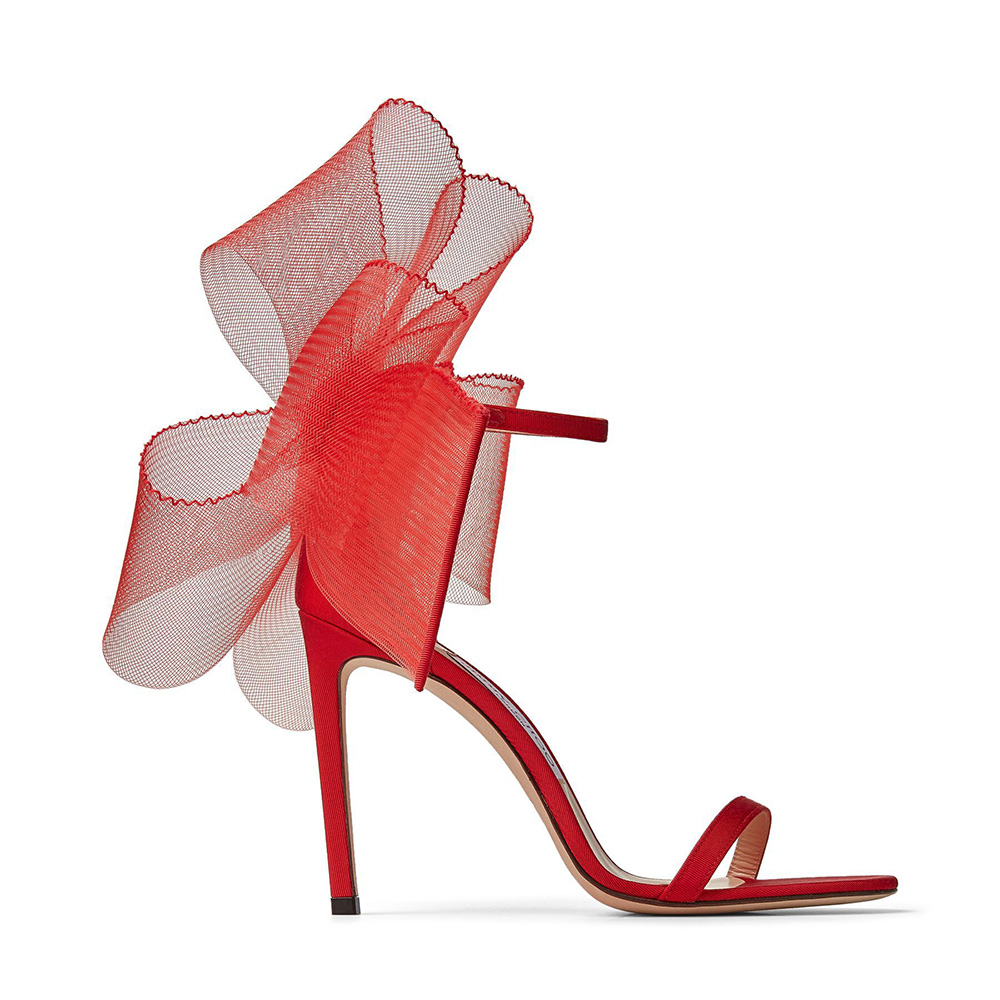 Side profile of Jimmy Choo Women Aveline 100 Red Sandals with bows