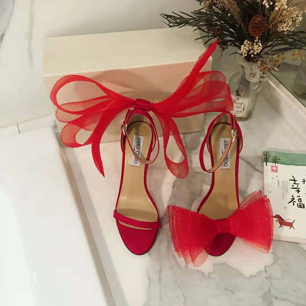 Jimmy Choo Women Aveline 100 Red Sandals with Asymmetric Grosgrain Mesh Fascinator Bows - image 6