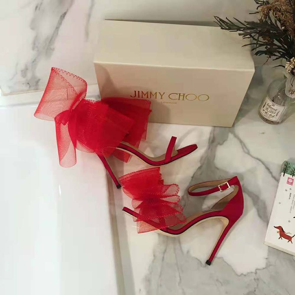 Top view showcasing ankle buckle on Jimmy Choo Women Aveline 100 Red Sandals