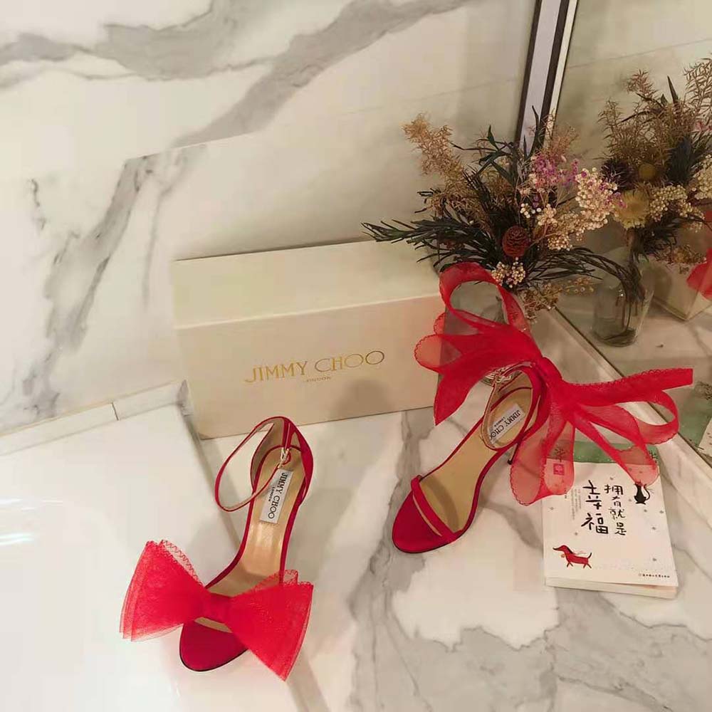Jimmy Choo Women Aveline 100 Red Sandals with Asymmetric Grosgrain Mesh Fascinator Bows - image 5