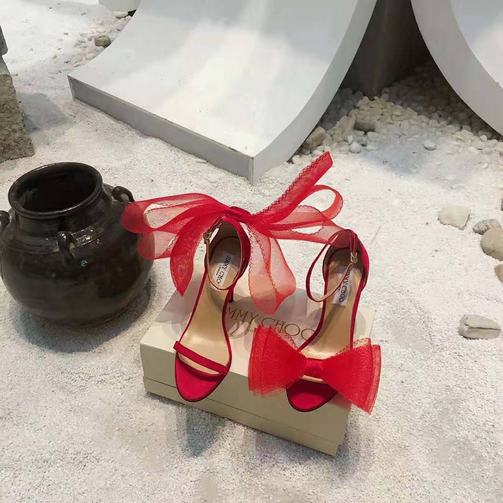 Jimmy Choo Women Aveline 100 Red Sandals with Asymmetric Grosgrain Mesh Fascinator Bows - image 4