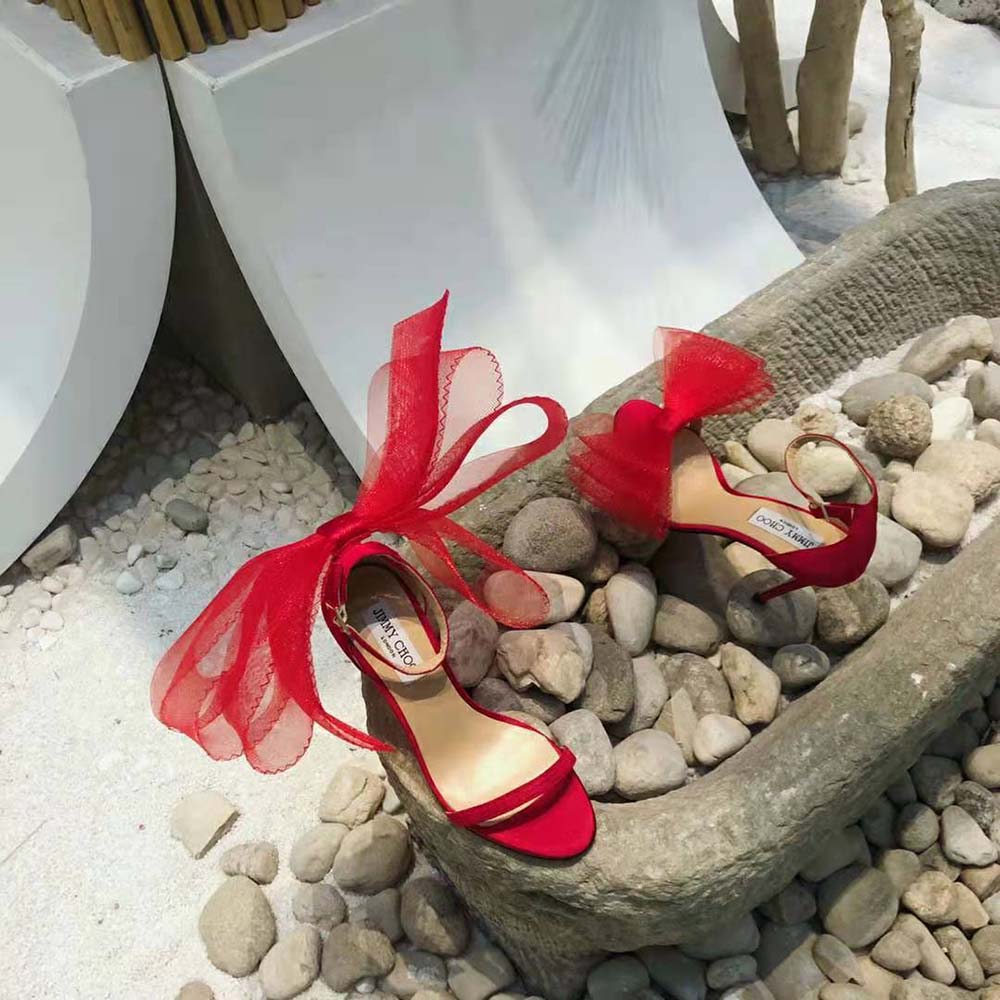 Jimmy Choo Women Aveline 100 Red Sandals with Asymmetric Grosgrain Mesh Fascinator Bows - image 7