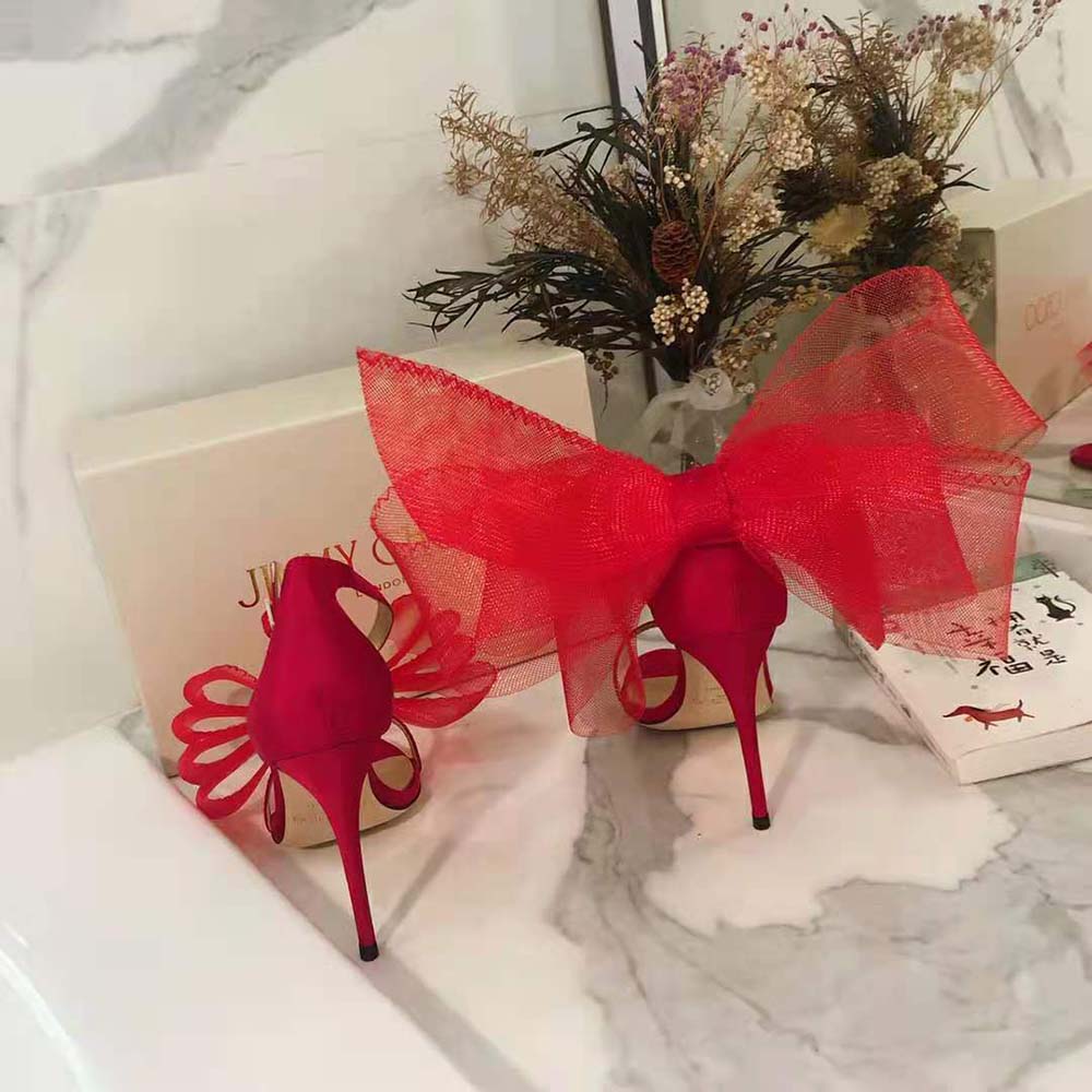 Jimmy Choo Women Aveline 100 Red Sandals with Asymmetric Grosgrain Mesh Fascinator Bows - image 8