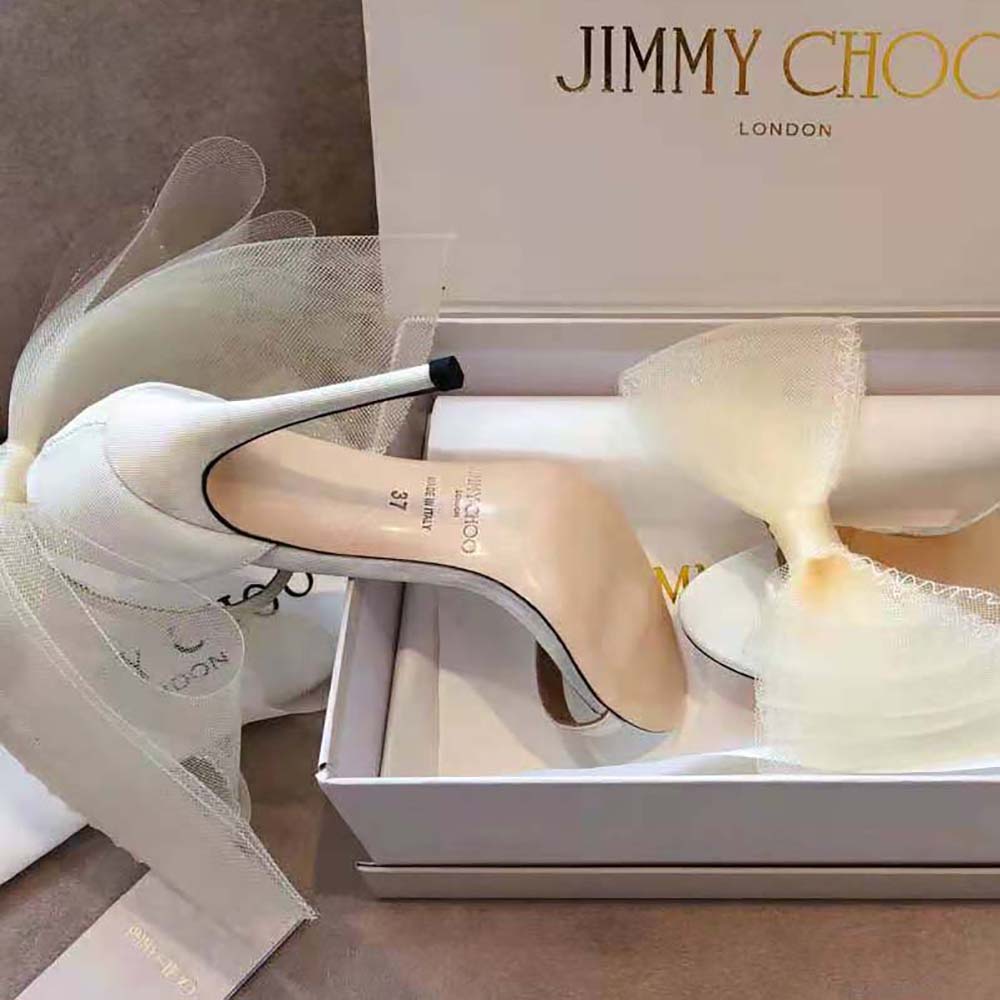 Jimmy Choo Women Aveline 100 White Sandals with Asymmetric Grosgrain Mesh Fascinator Bows - image 6