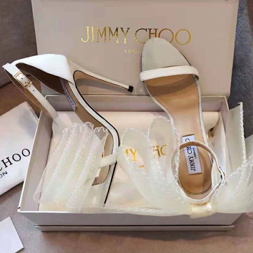 Jimmy Choo Women Aveline 100 White Sandals with Asymmetric Grosgrain Mesh Fascinator Bows - image 5