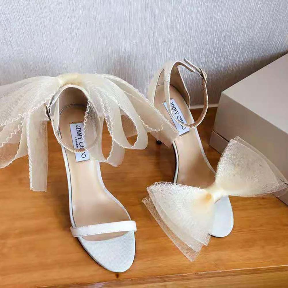 Jimmy Choo Women Aveline 100 White Sandals with Asymmetric Grosgrain Mesh Fascinator Bows - image 4