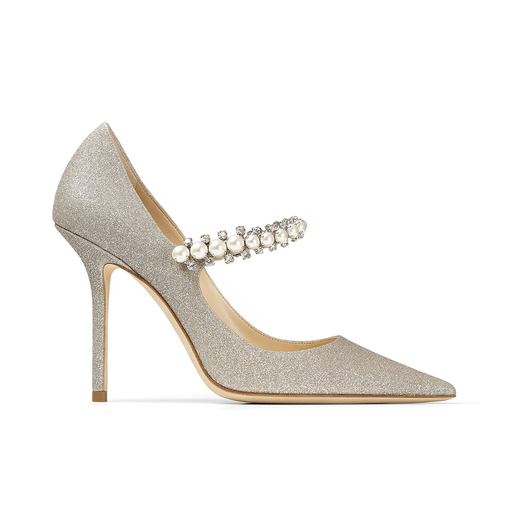 Side view of Jimmy Choo Women Baily 100 Platinum Ice Dusty Glitter Pumps