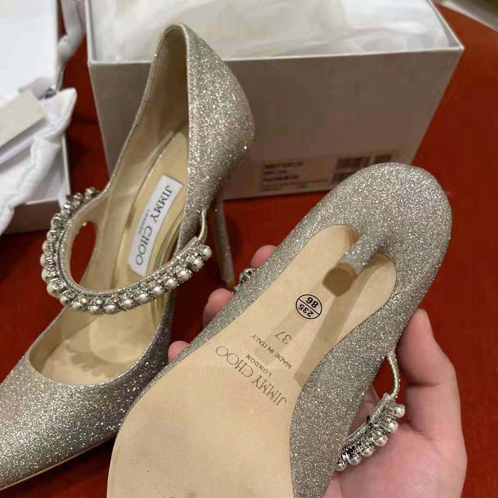 Jimmy Choo Women Baily 100 Platinum Ice Dusty Glitter Pumps with Crystal and Pearl Strap - image 10