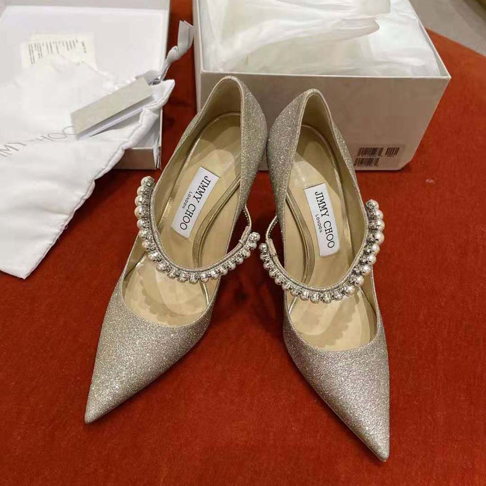 Close-up of crystal and pearl strap on Jimmy Choo Baily 100 pumps