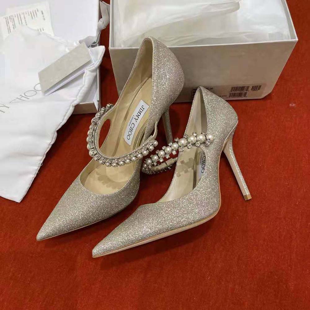Front angle showing glitter finish on Jimmy Choo Baily 100 pumps
