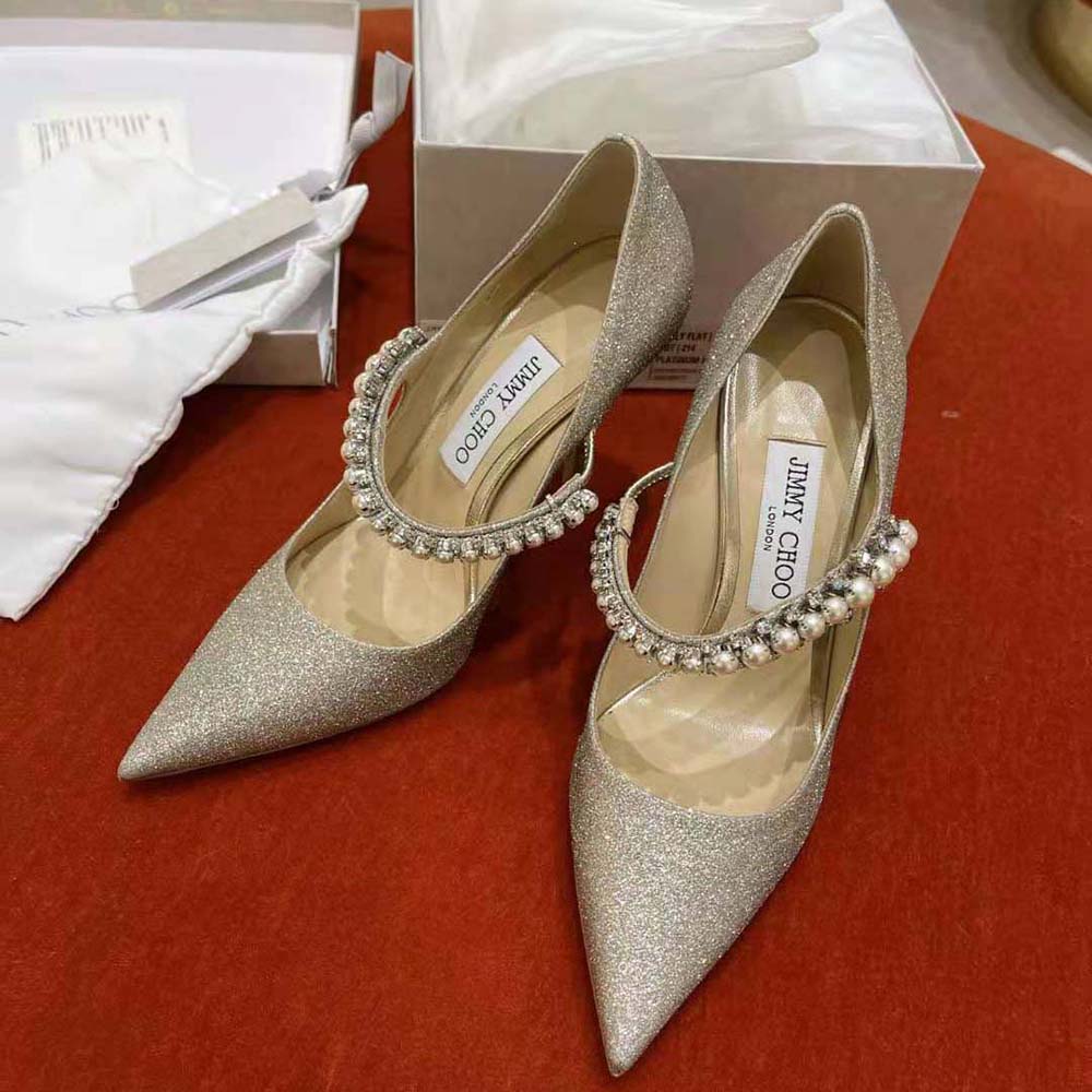 Jimmy Choo Women Baily 100 Platinum Ice Dusty Glitter Pumps with Crystal and Pearl Strap - image 4