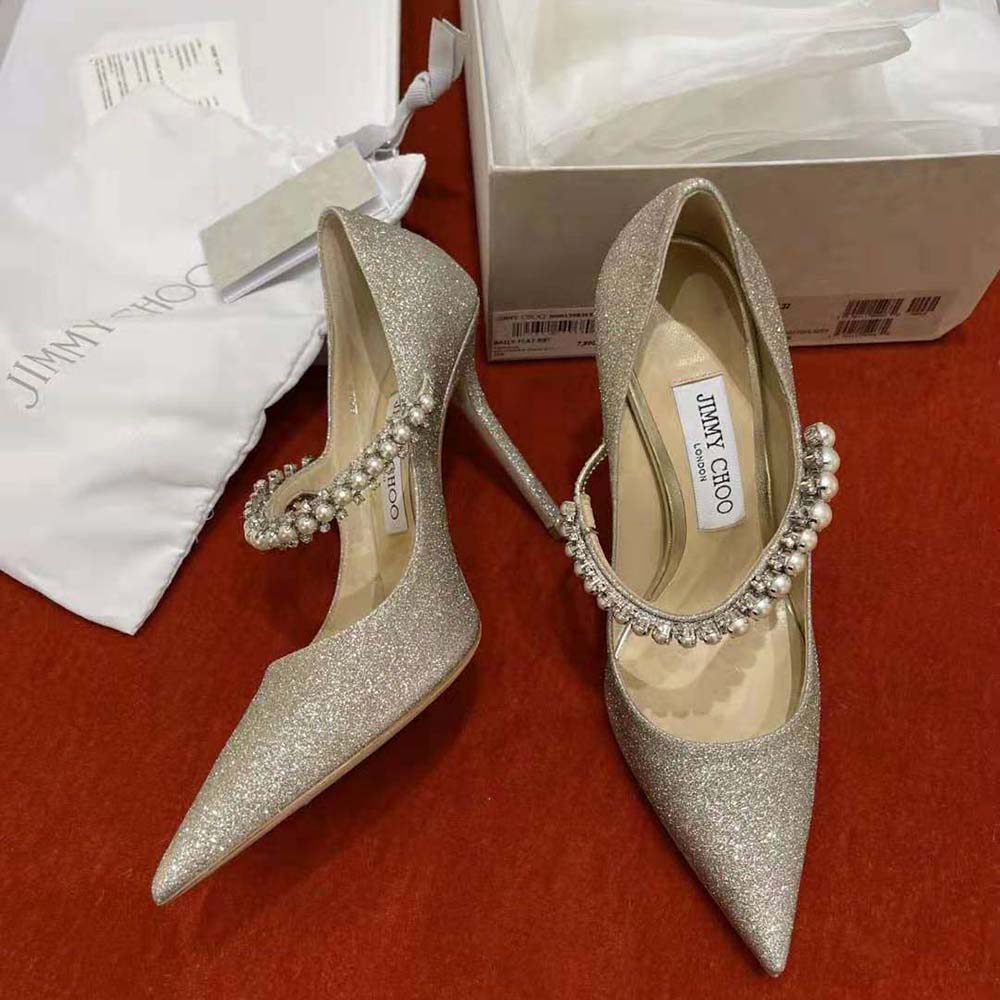 Jimmy Choo Women Baily 100 Platinum Ice Dusty Glitter Pumps with Crystal and Pearl Strap - image 5