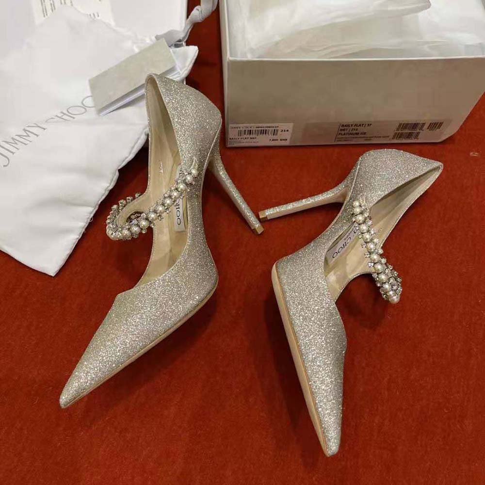 Jimmy Choo Women Baily 100 Platinum Ice Dusty Glitter Pumps with Crystal and Pearl Strap - image 6