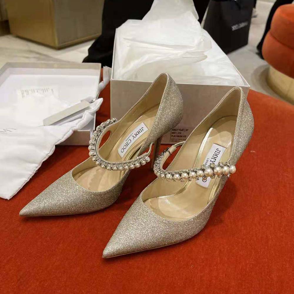 Jimmy Choo Women Baily 100 Platinum Ice Dusty Glitter Pumps with Crystal and Pearl Strap - image 8