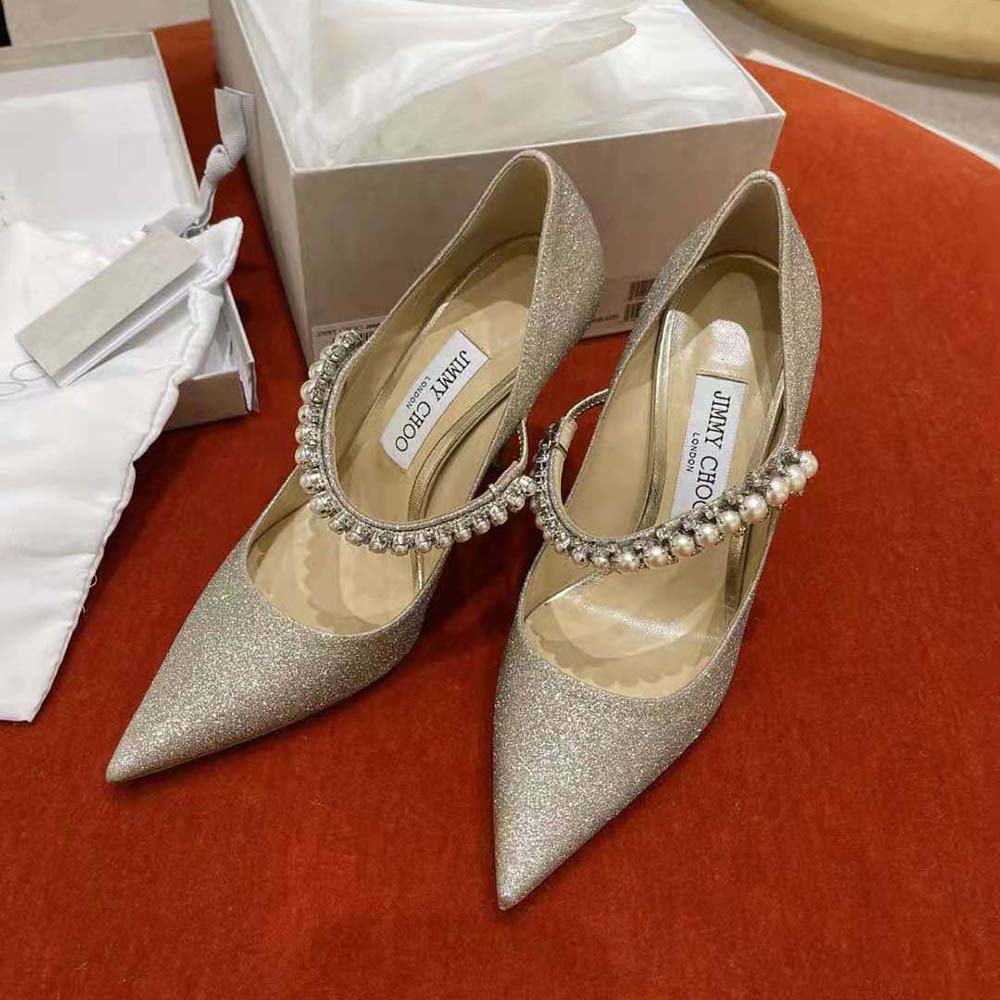 Jimmy Choo Women Baily 100 Platinum Ice Dusty Glitter Pumps with Crystal and Pearl Strap - image 7