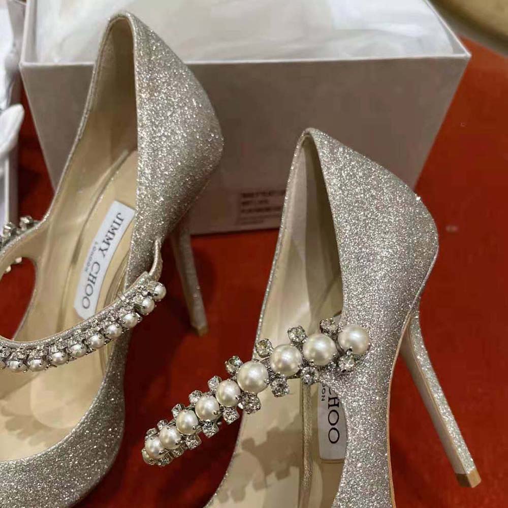 Jimmy Choo Women Baily 100 Platinum Ice Dusty Glitter Pumps with Crystal and Pearl Strap - image 9