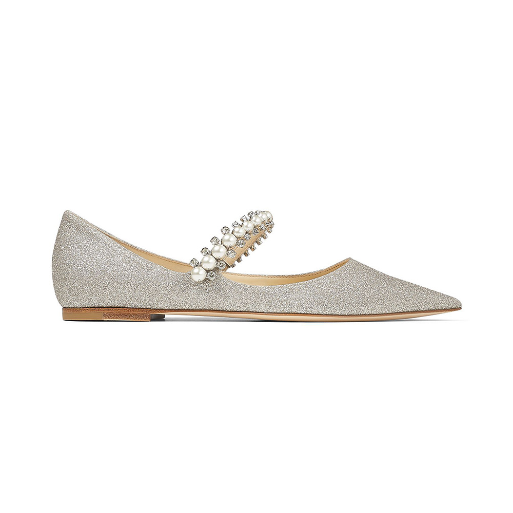 Side view of Jimmy Choo Women Baily Flat Platinum Ice Dusty Glitter Flats