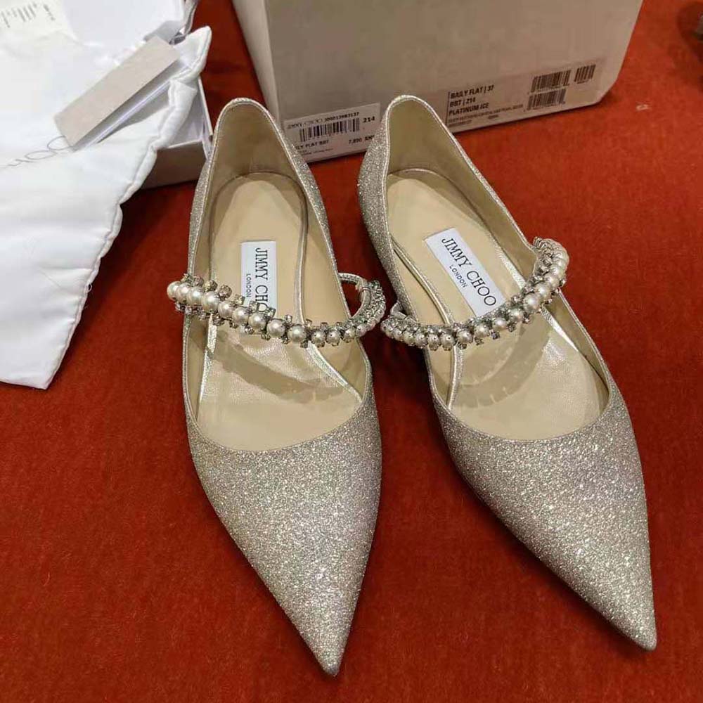 Jimmy Choo Women Baily Flat Platinum Ice Dusty Glitter Flats with Crystal and Pearl Strap - image 10