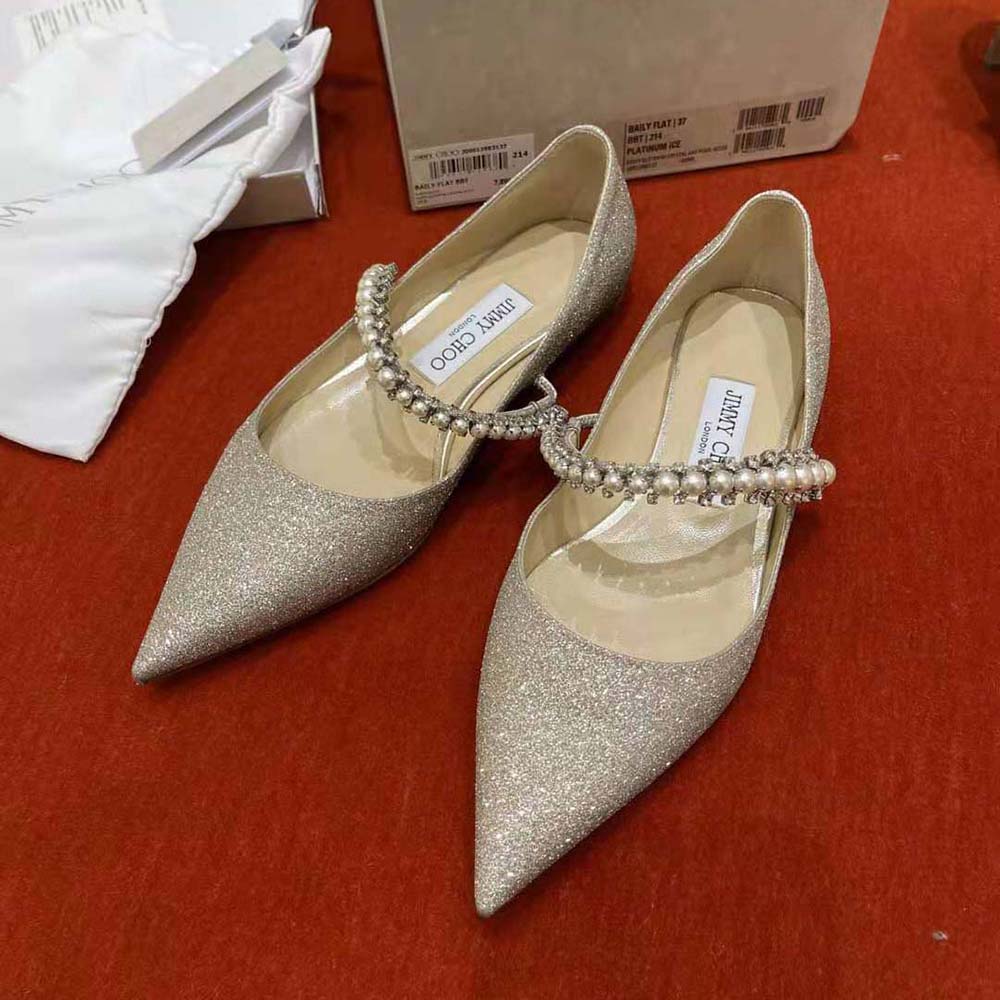 Jimmy Choo Women Baily Flat Platinum Ice Dusty Glitter Flats with Crystal and Pearl Strap - image 9