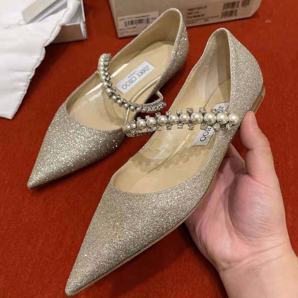 Jimmy Choo Women Baily Flat Platinum Ice Dusty Glitter Flats with Crystal and Pearl Strap - image 8