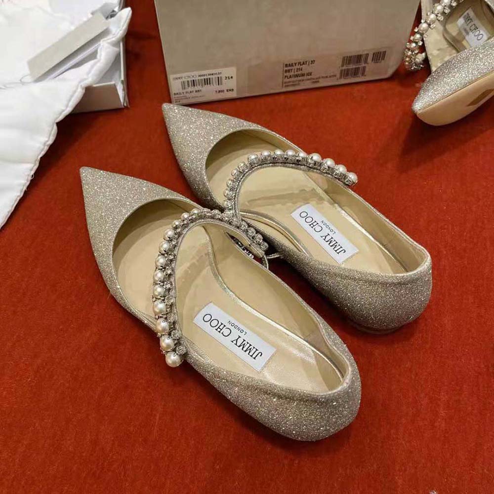 Jimmy Choo Women Baily Flat Platinum Ice Dusty Glitter Flats with Crystal and Pearl Strap - image 6