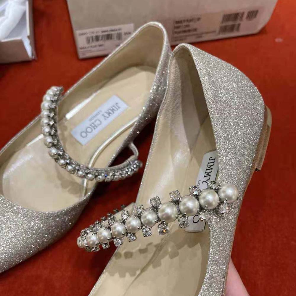 Jimmy Choo Women Baily Flat Platinum Ice Dusty Glitter Flats with Crystal and Pearl Strap - image 4