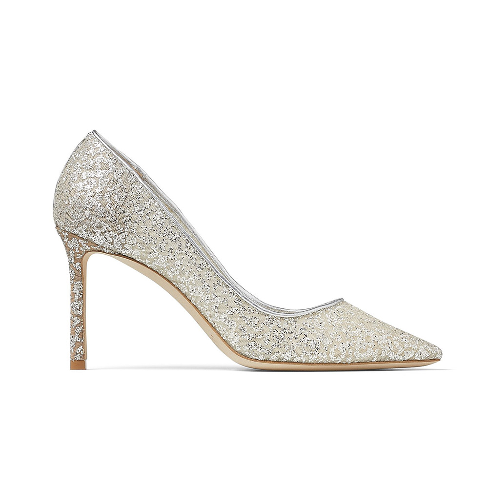 Side view of Jimmy Choo Women Romy 85 Silver Glitter Tulle Pumps