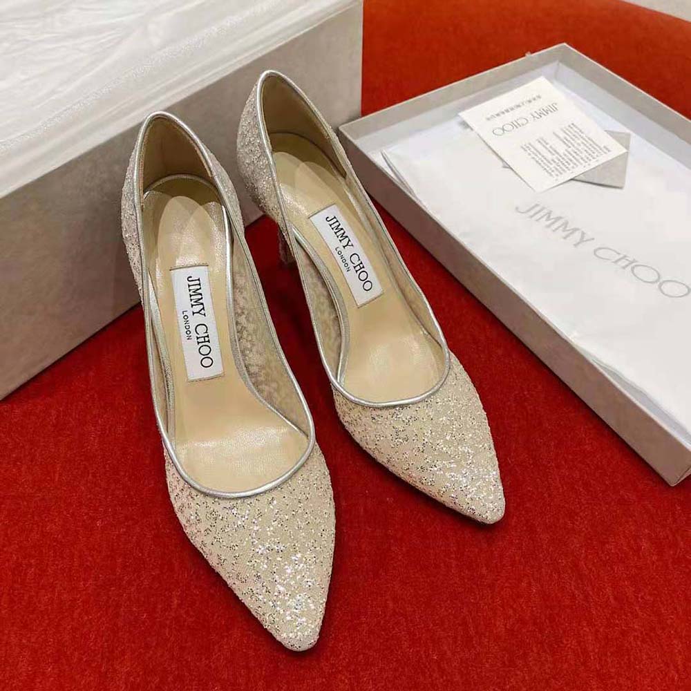 Back angle showing slim 85mm heel on Jimmy Choo Romy 85 pumps