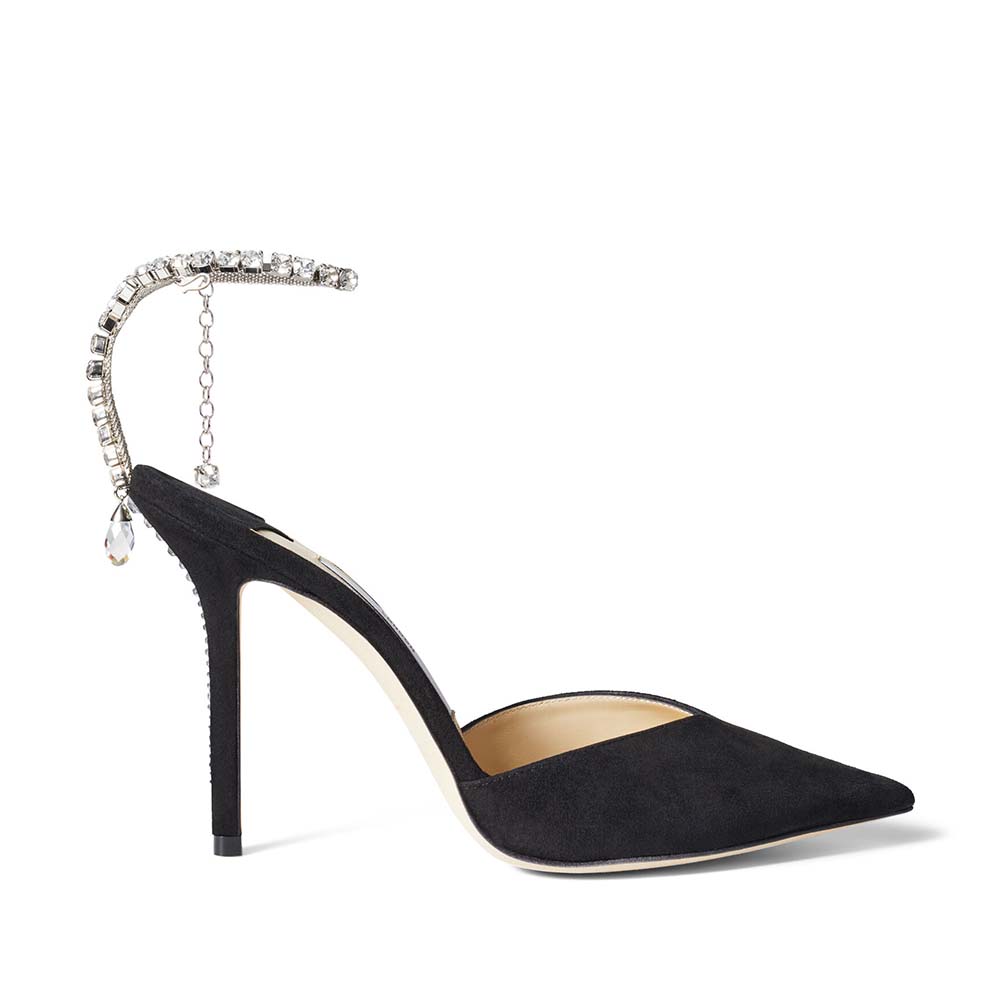 Side profile of Jimmy Choo Women Saeda 100 Black Suede Pumps with Crystal Embellishment