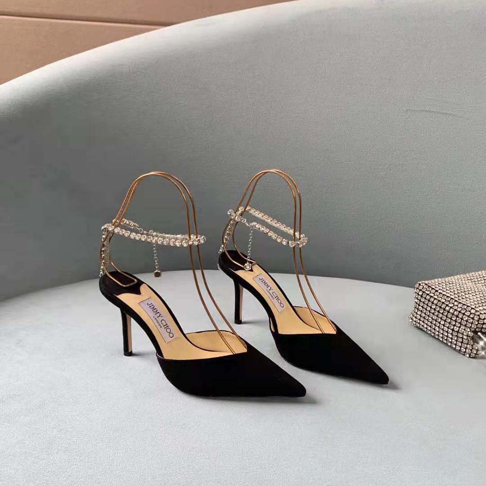 Rear view showing ankle buckle on Jimmy Choo Saeda 100 Black Suede Pumps