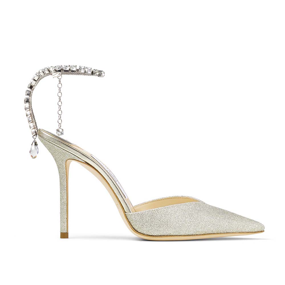 Side profile of Jimmy Choo Women Saeda 100 Platinum Ice Dusty Glitter Pumps