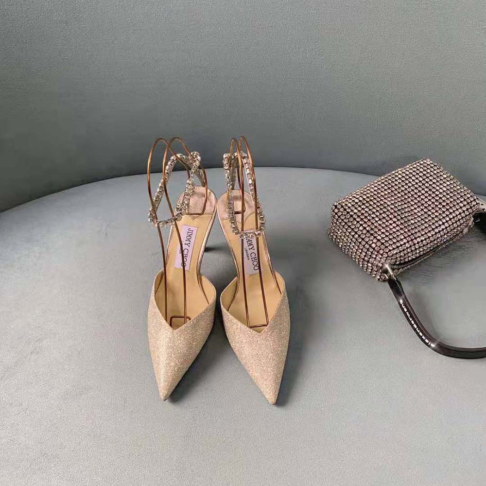 Close-up of crystal embellishment on Jimmy Choo Saeda 100 Pumps