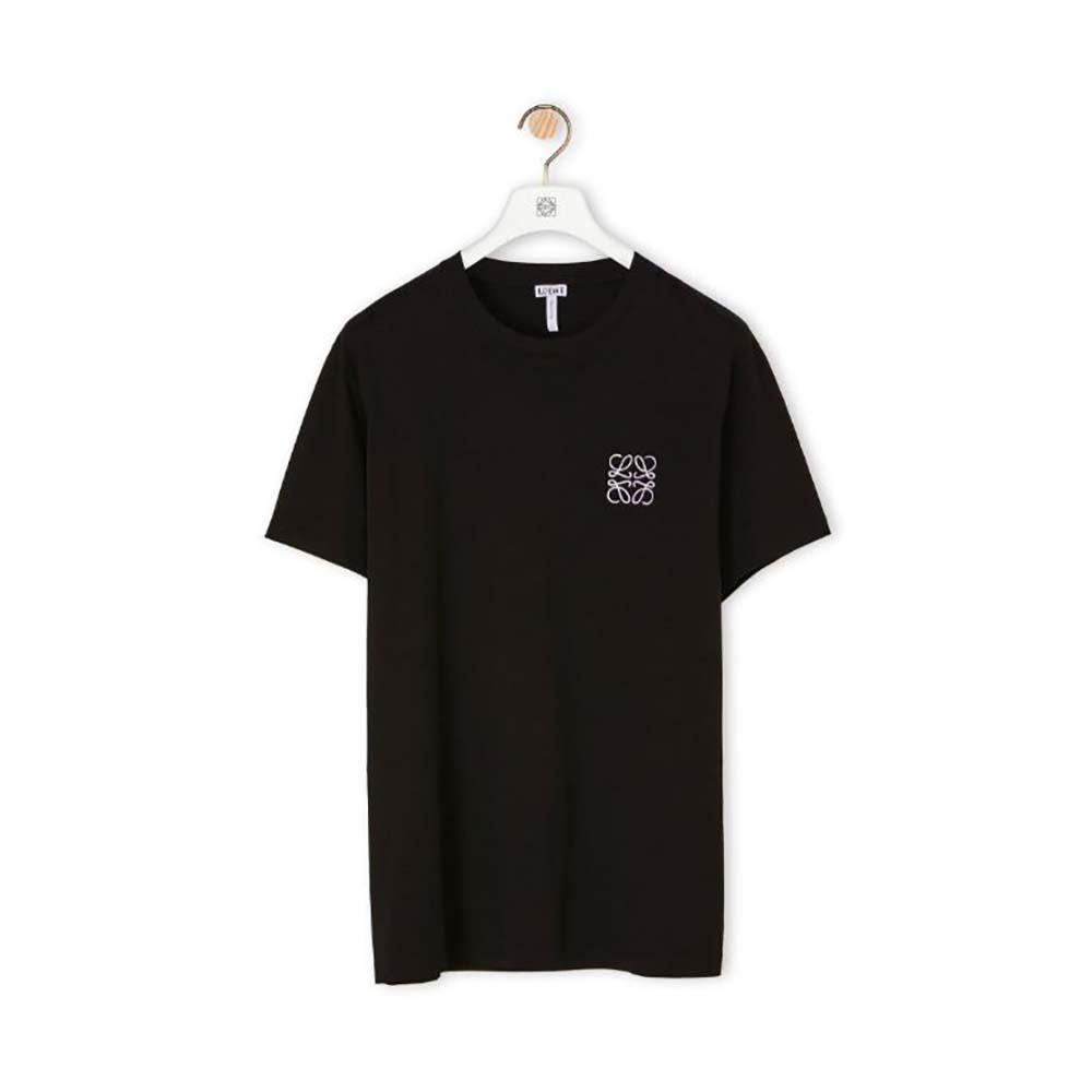 Front view of Loewe Men Anagram Embroidered T-shirt in Cotton-Black