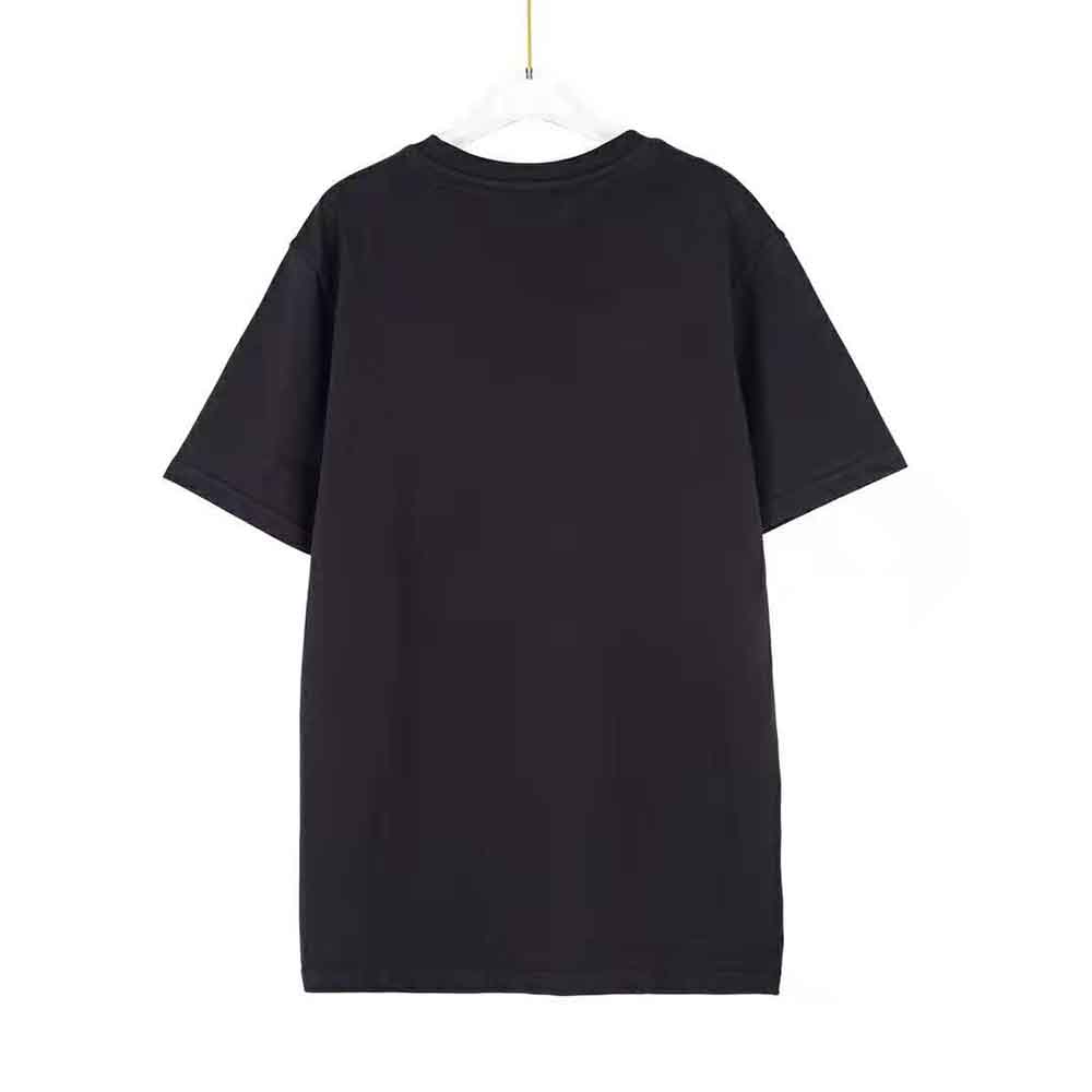 Close-up of Loewe Anagram embroidery on black cotton t-shirt