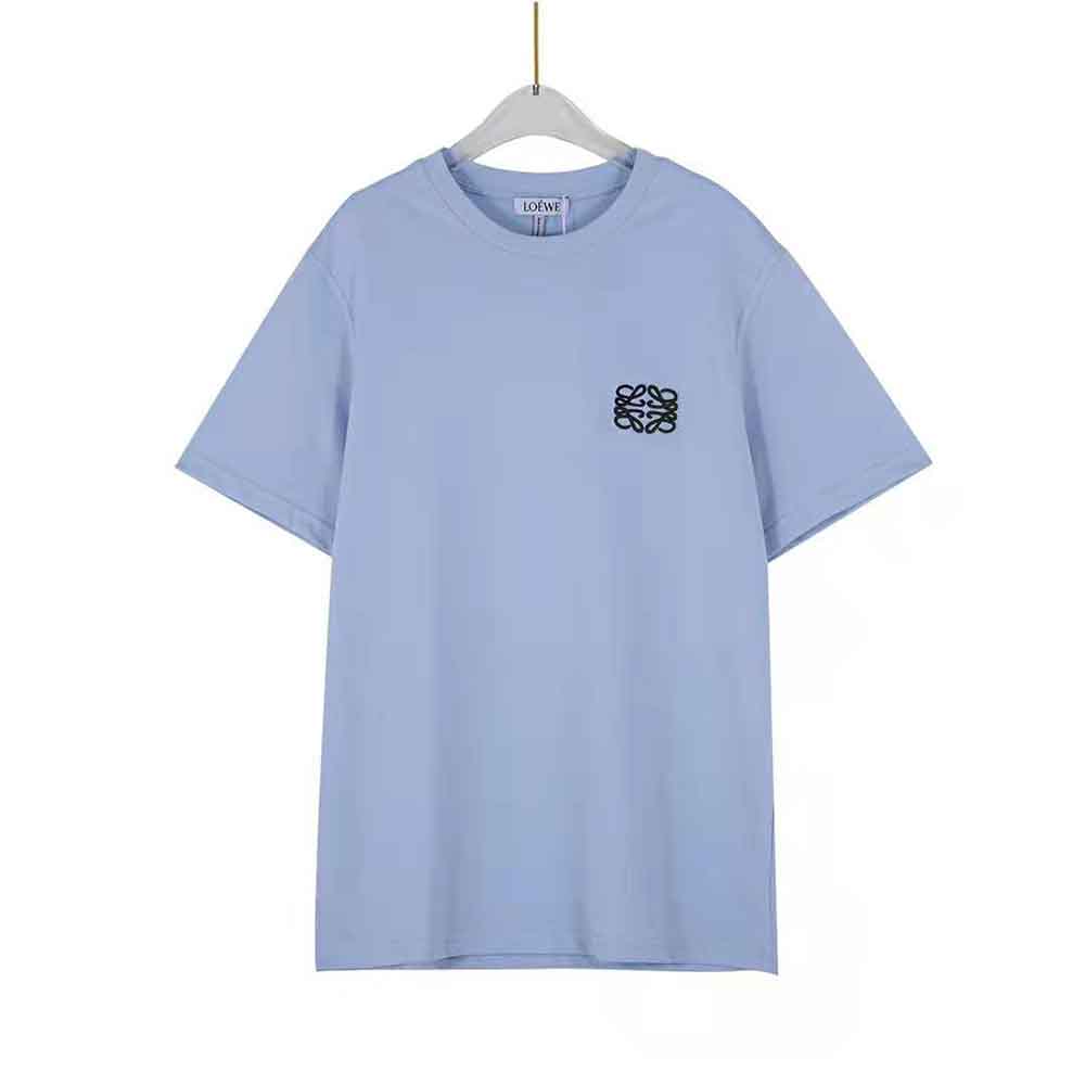 Front view of Loewe Men Anagram Embroidered T-shirt in Cotton-Blue