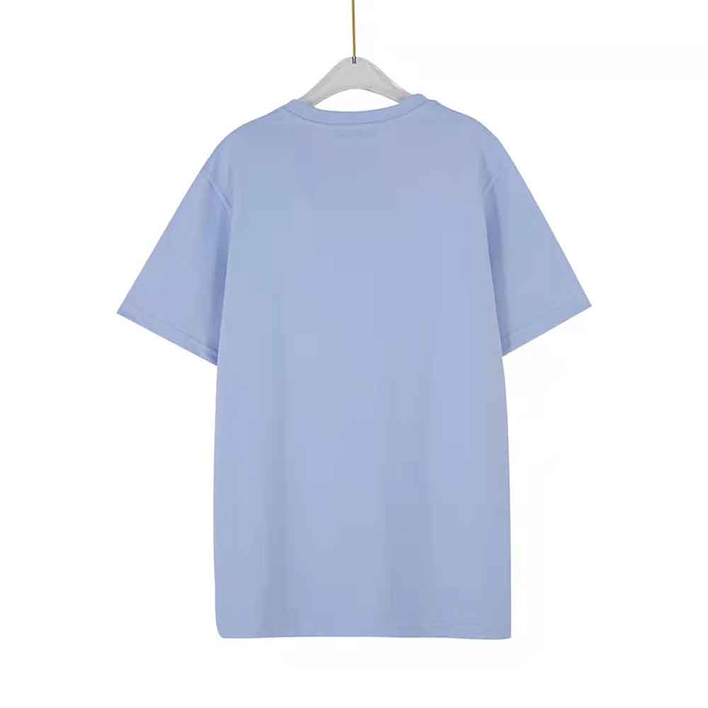 Close-up of blue cotton fabric and embroidered Loewe Anagram detail
