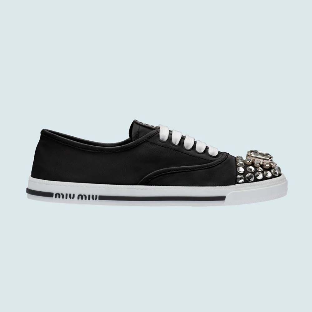 Side view of Miu Miu Women Cotton Gabardine Sneakers-Black showing silhouette