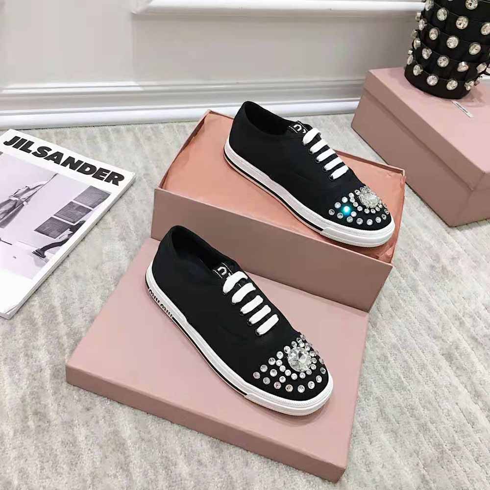 Top angle of laced Miu Miu Women Cotton Gabardine Sneakers-Black