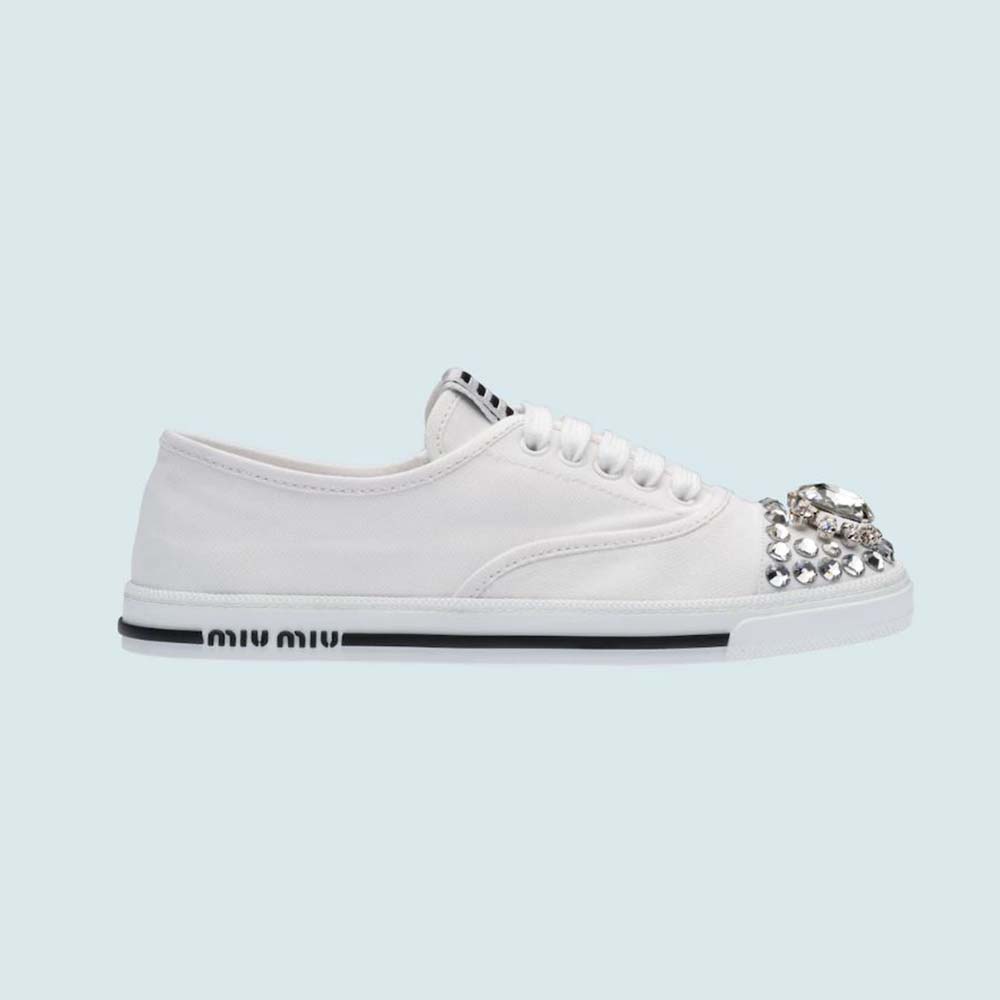Side profile of Miu Miu Women Cotton Gabardine Sneakers-White showing silhouette