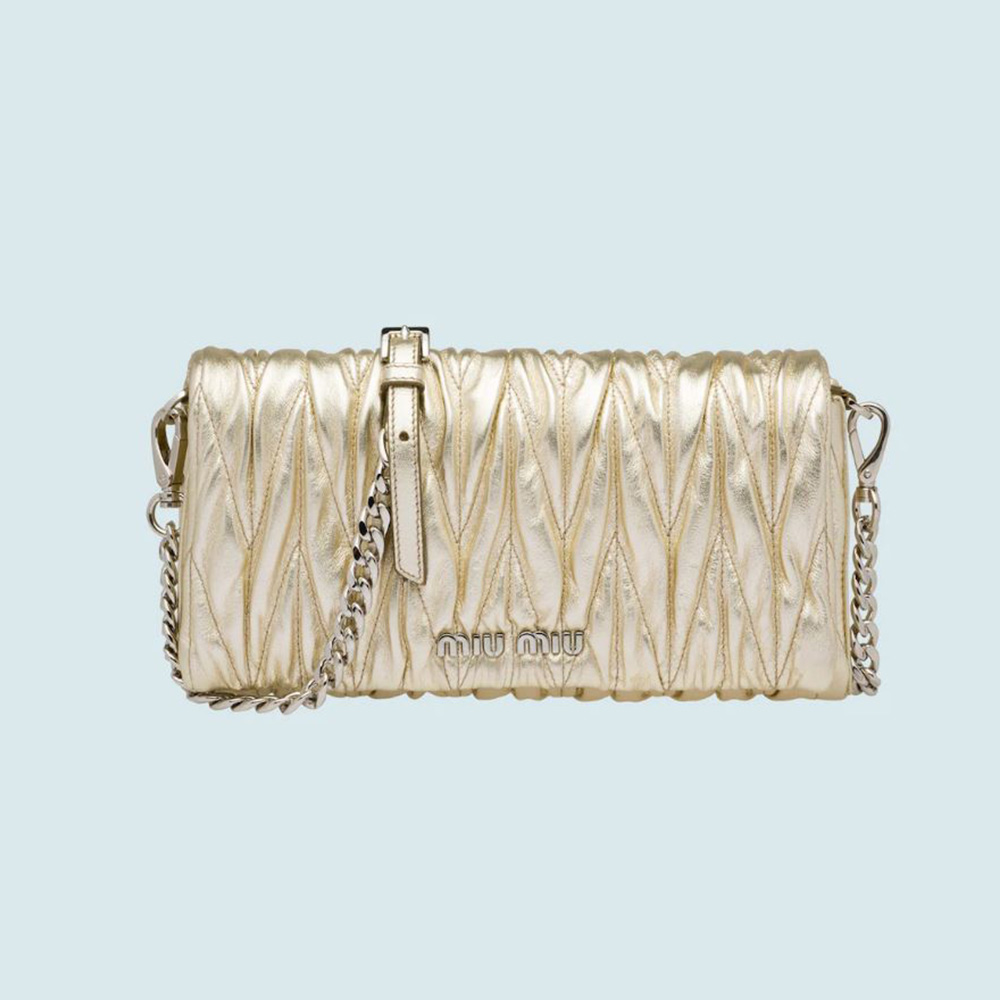 Front view of Miu Miu Women Matelasse Nappa Leather Shoulder Bag-Beige