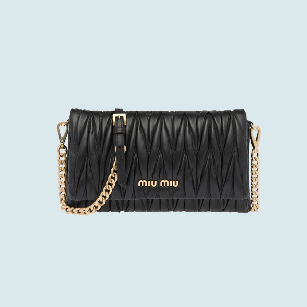 Front view of Miu Miu Women Matelasse Nappa Leather Shoulder Bag-Black showing quilted leather