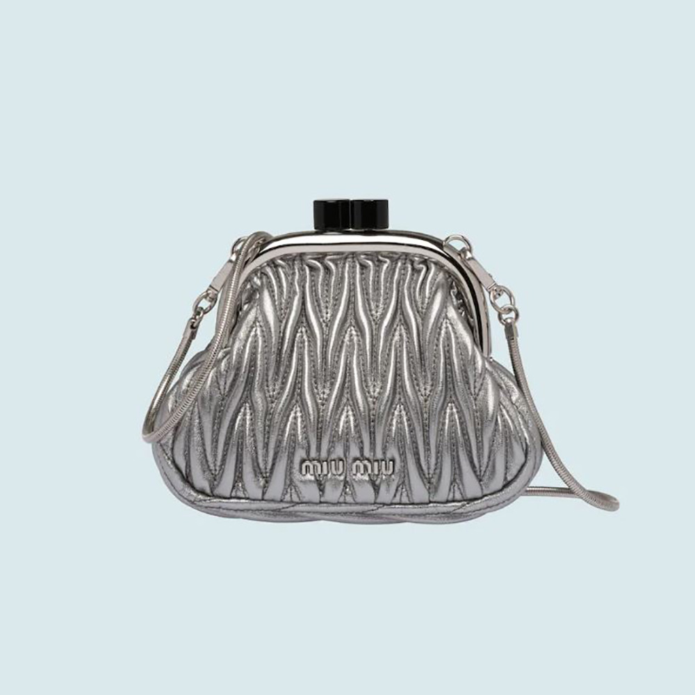 Front view of Miu Miu Women Miu Belle Nappa Leather Mini-Bag-Silver