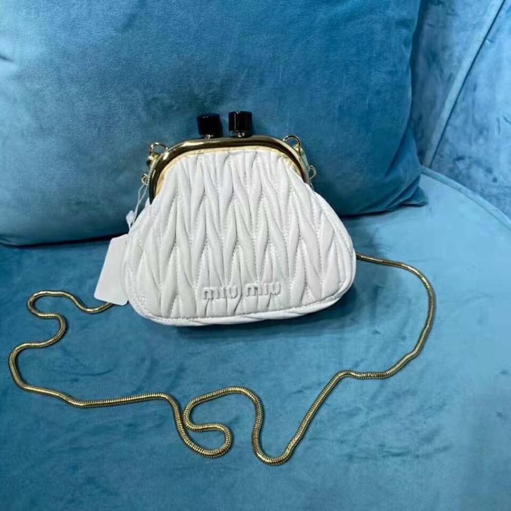 Close-up of silver hardware on Miu Miu Women Miu Belle Nappa Leather Mini-Bag-White