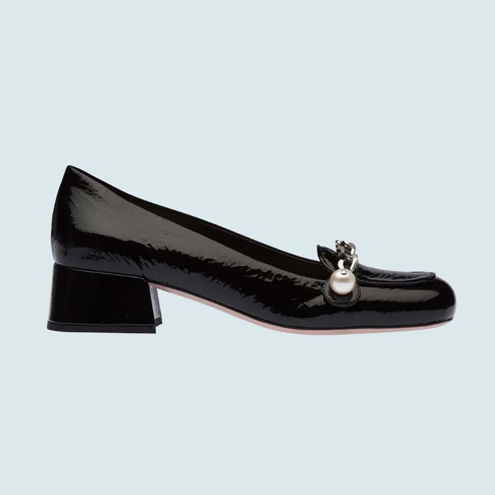 Side profile of Miu Miu Women Patent Leather Loafers in 35mm Heel-Black